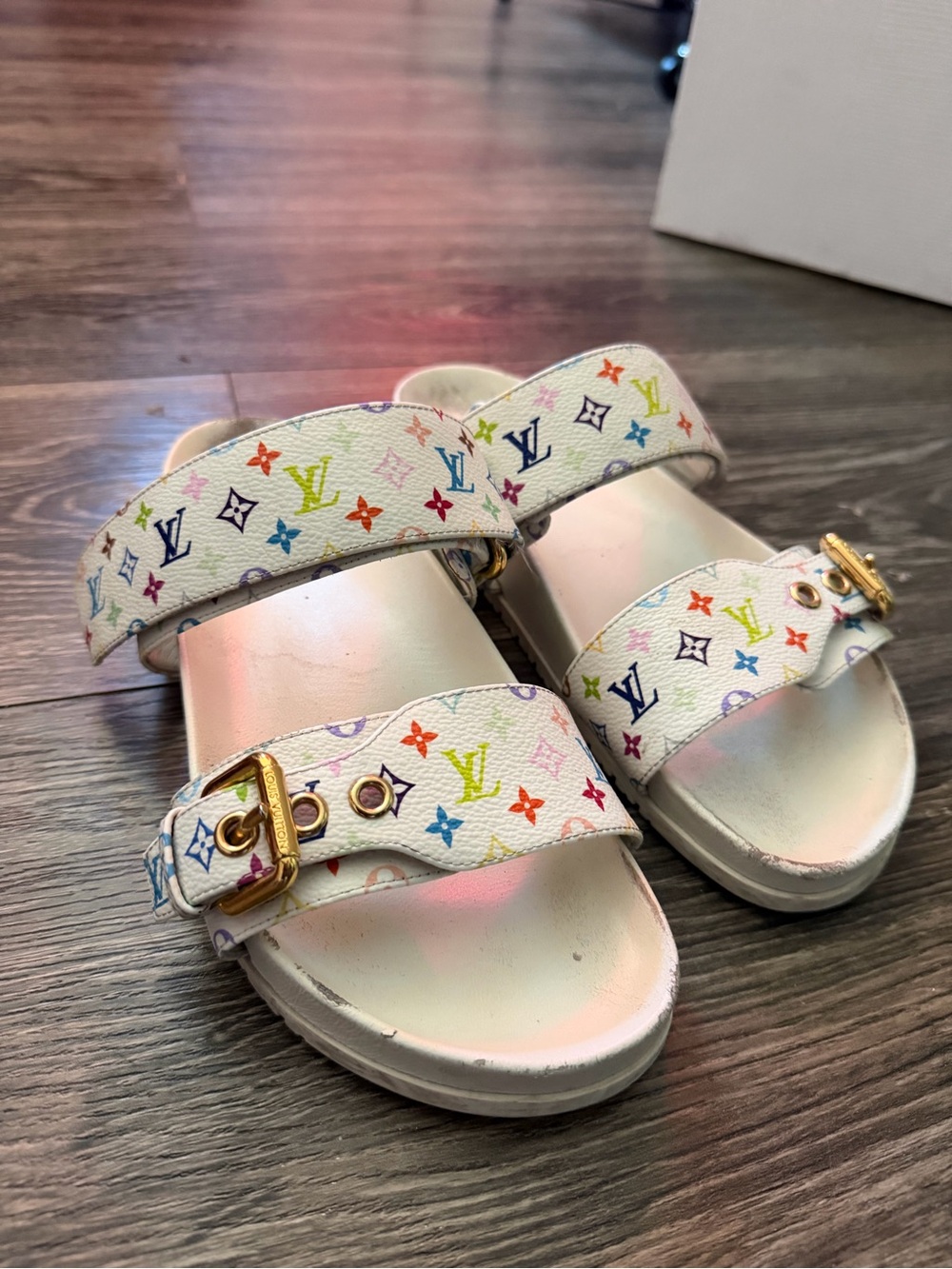 White Louis Vuitton Multicolor Logo Women’s Slides